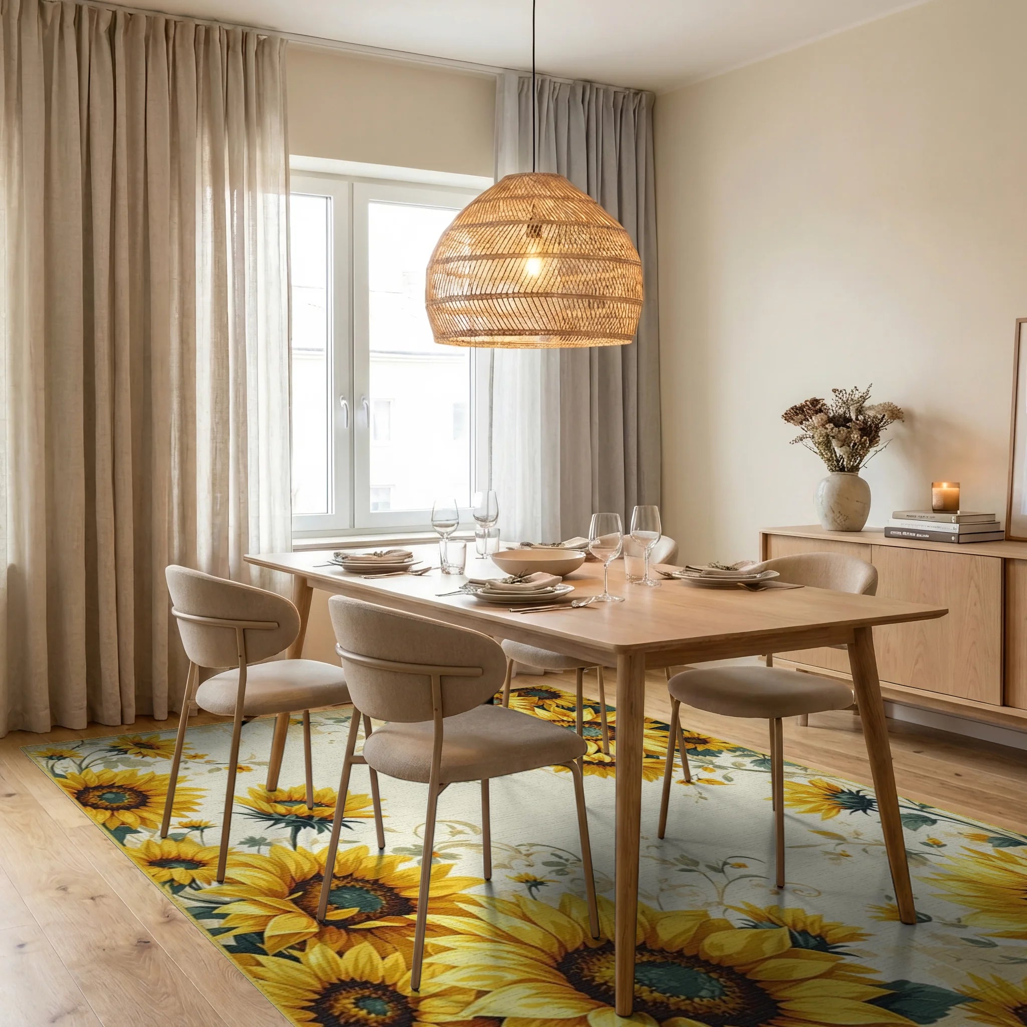 Vibrant Sunflower Vine Distressed Rug - Dining Room View