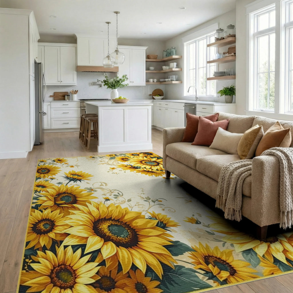 Vibrant Sunflower Vine Distressed Rug - Living Room View