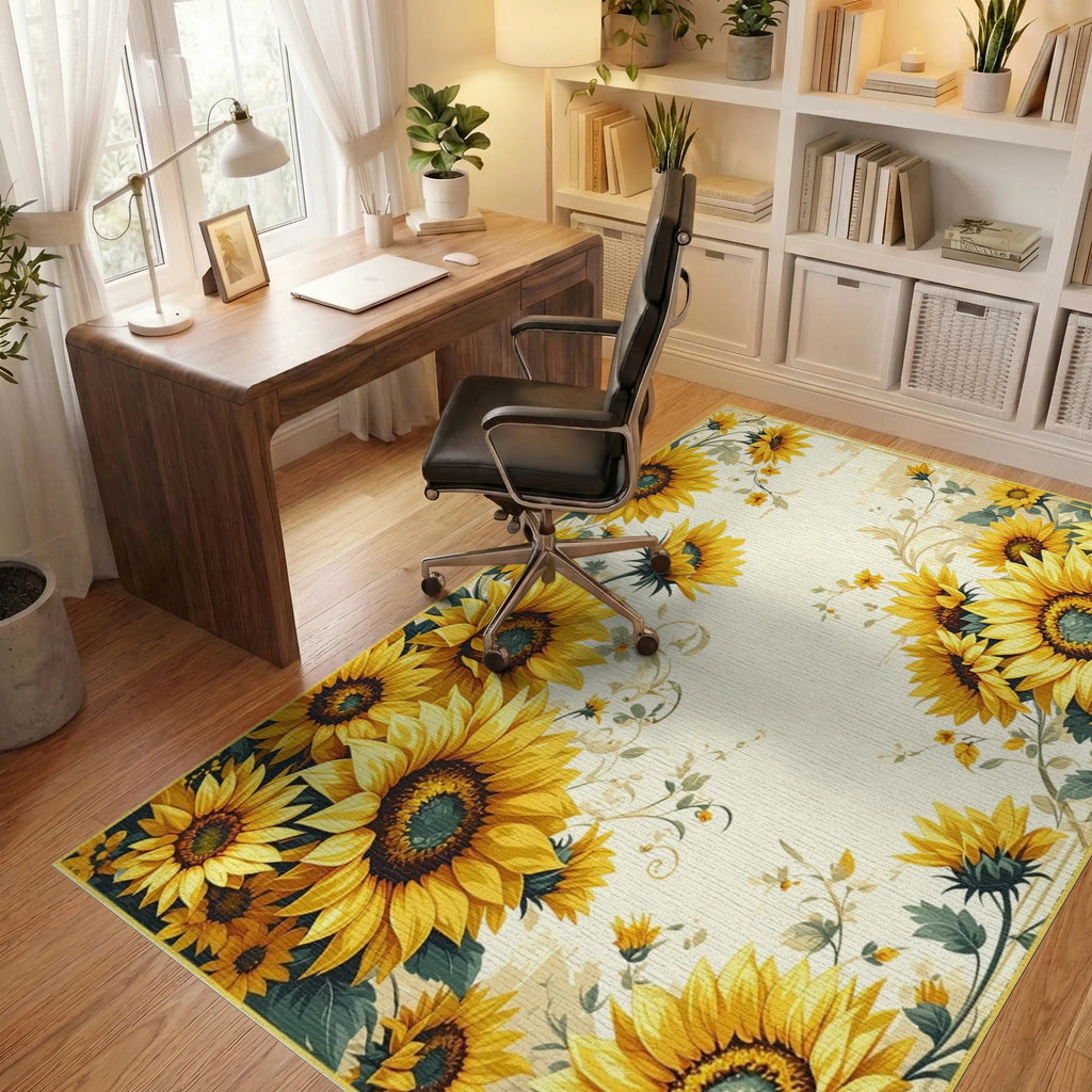Vibrant Sunflower Vine Distressed Rug - Office View