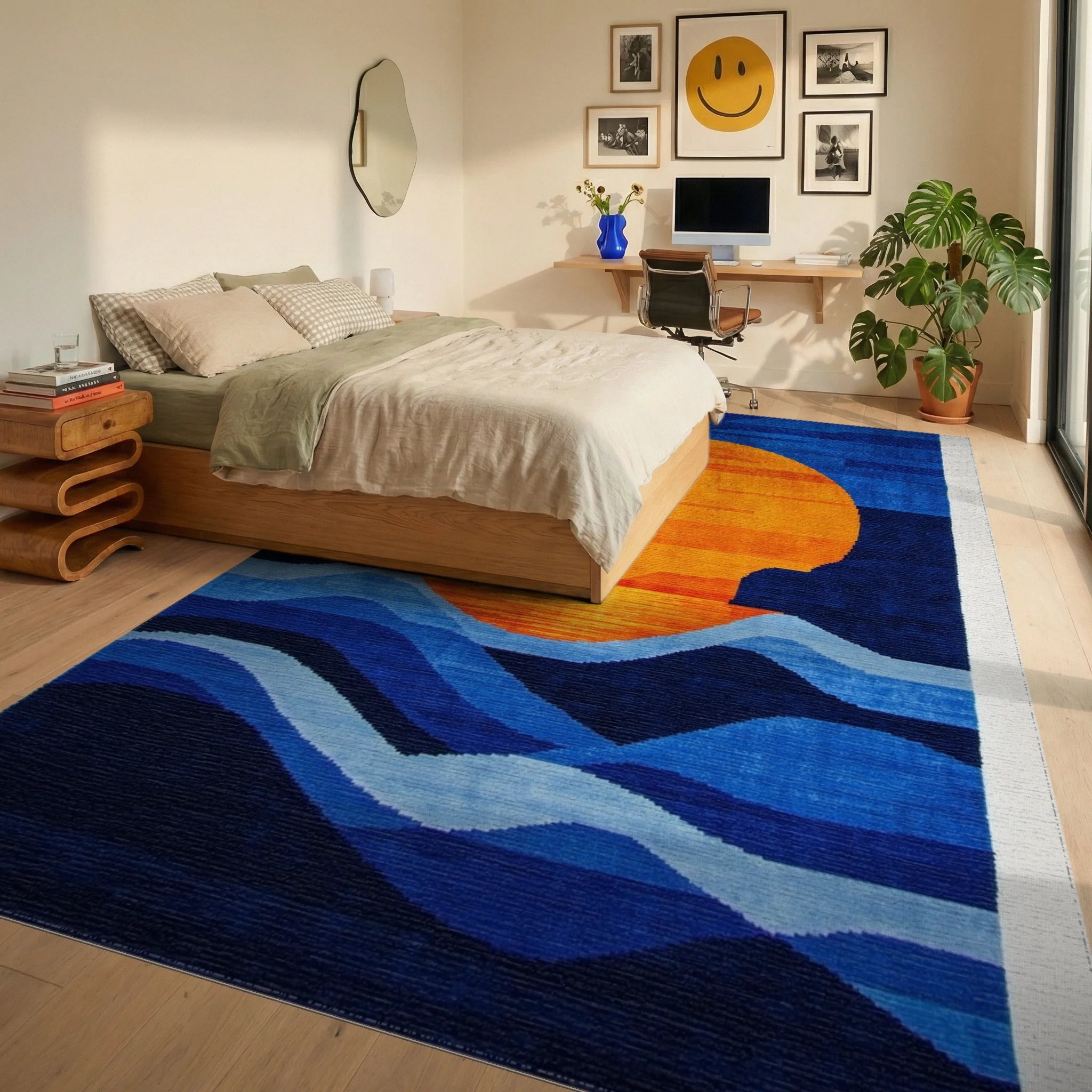 Vibrant Sunset Ocean Waves Rug - Bedroom View