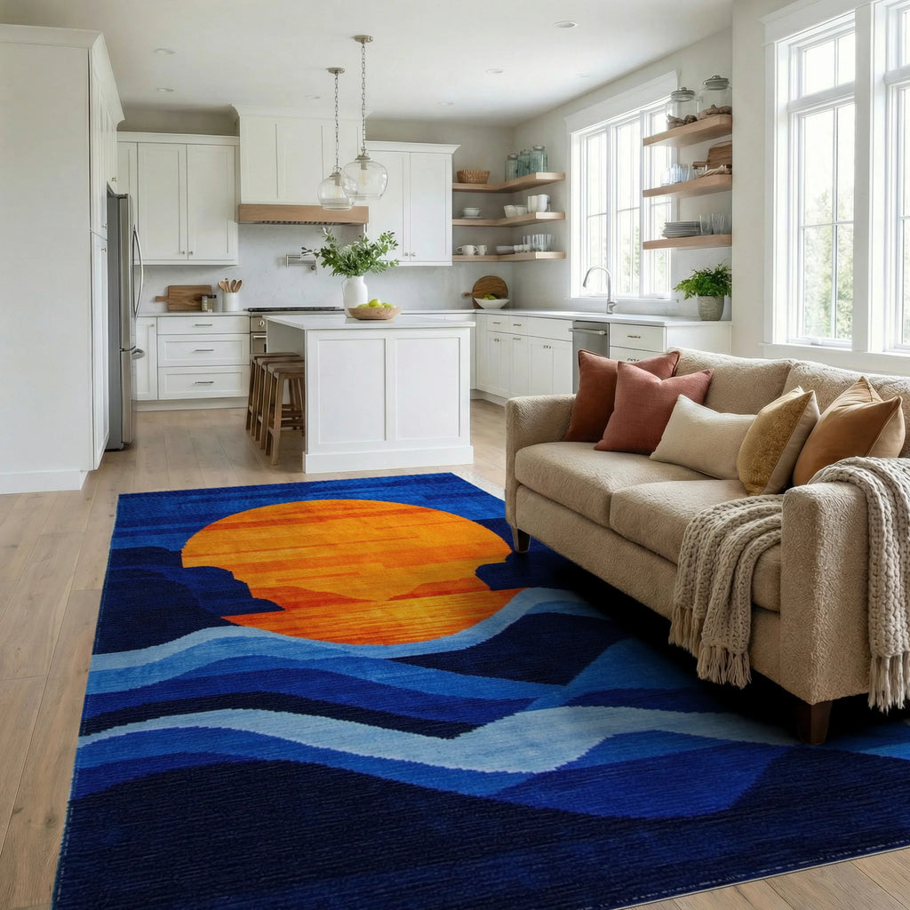 Vibrant Sunset Ocean Waves Rug - Living Room View