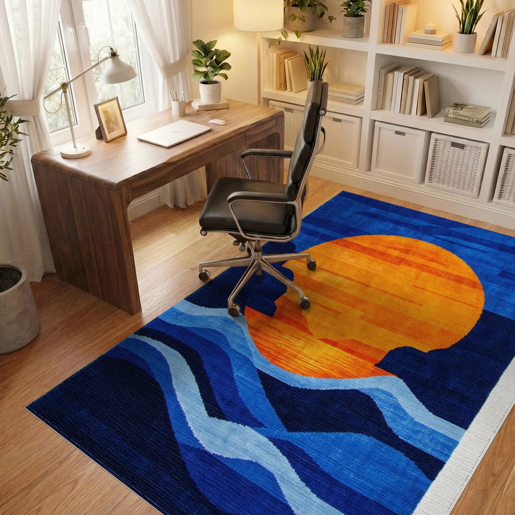 Vibrant Sunset Ocean Waves Rug - Office View