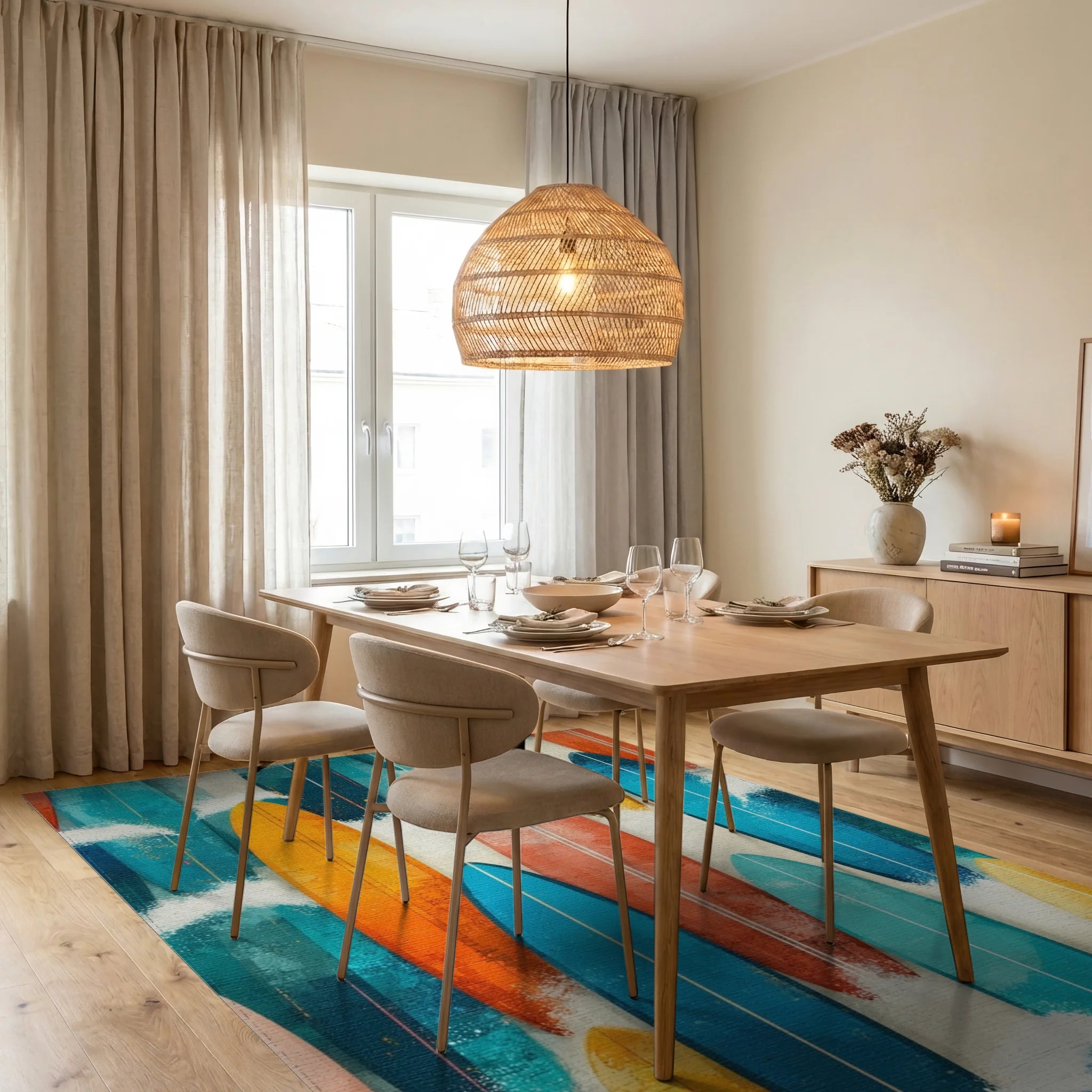 Vibrant Surfboard Beach Collection Rug - Dining Room View
