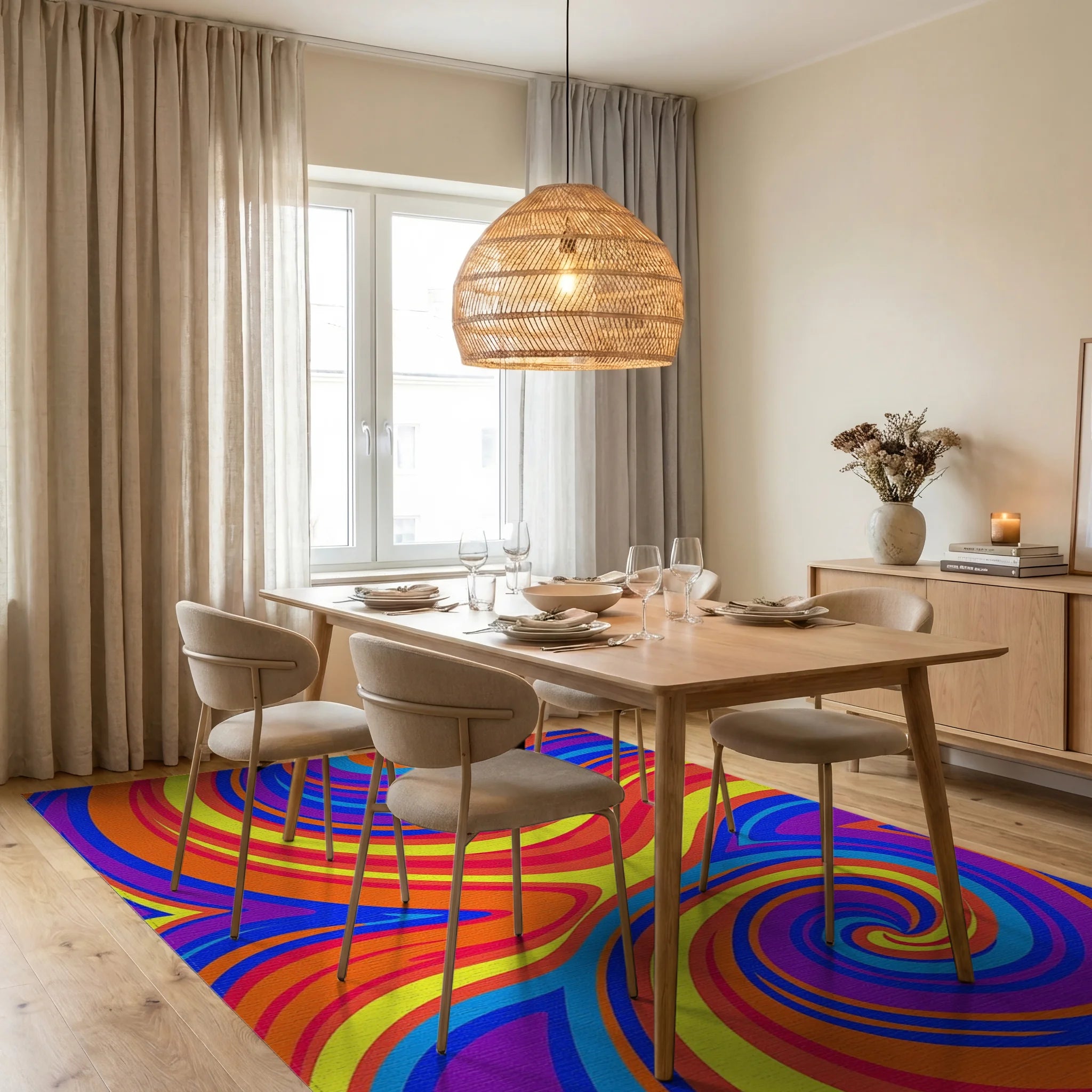 Vibrant Swirl Abstract Color Streak Rug Dining Room View