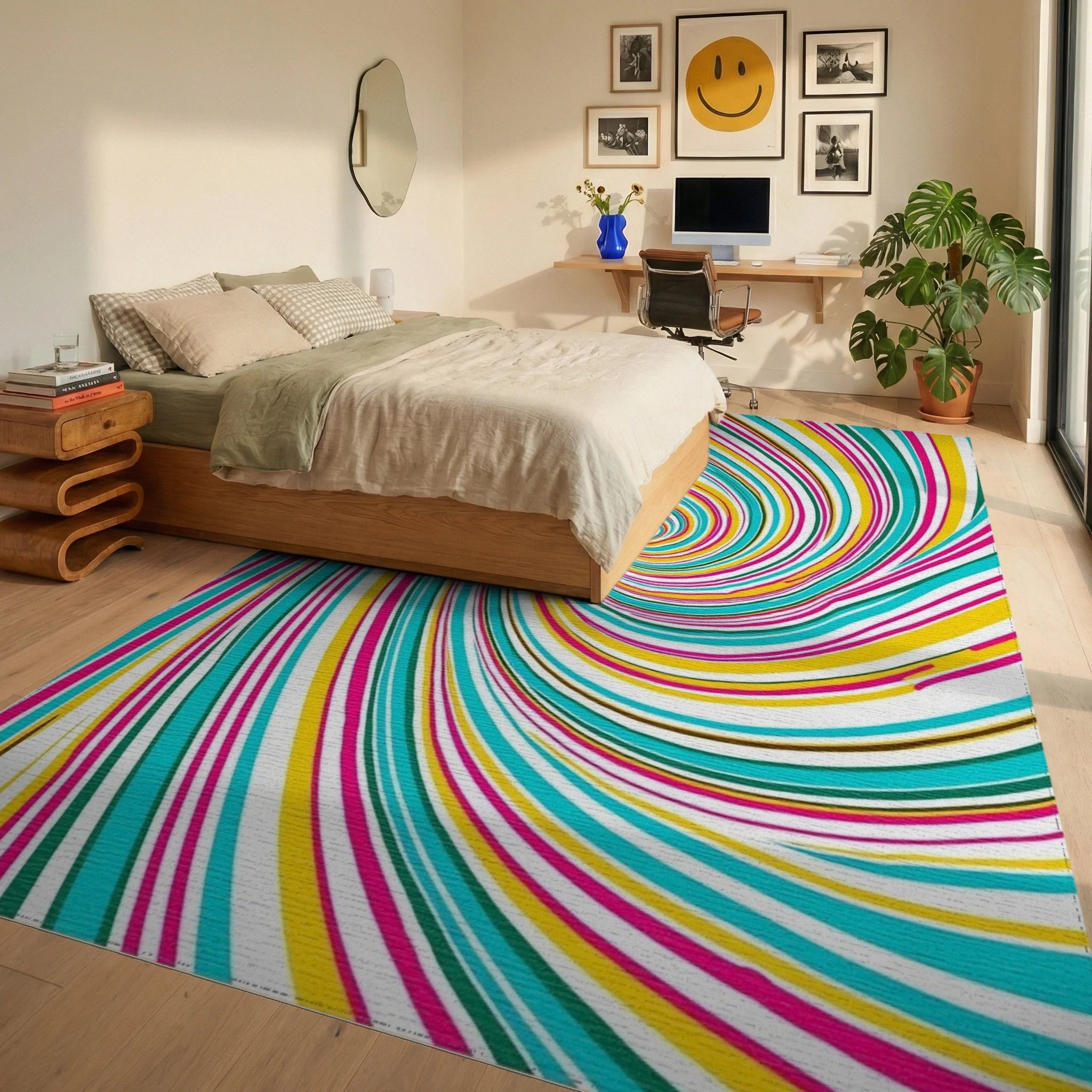 Vibrant Swirl Turquoise Pink Yellow Rug Bedroom View