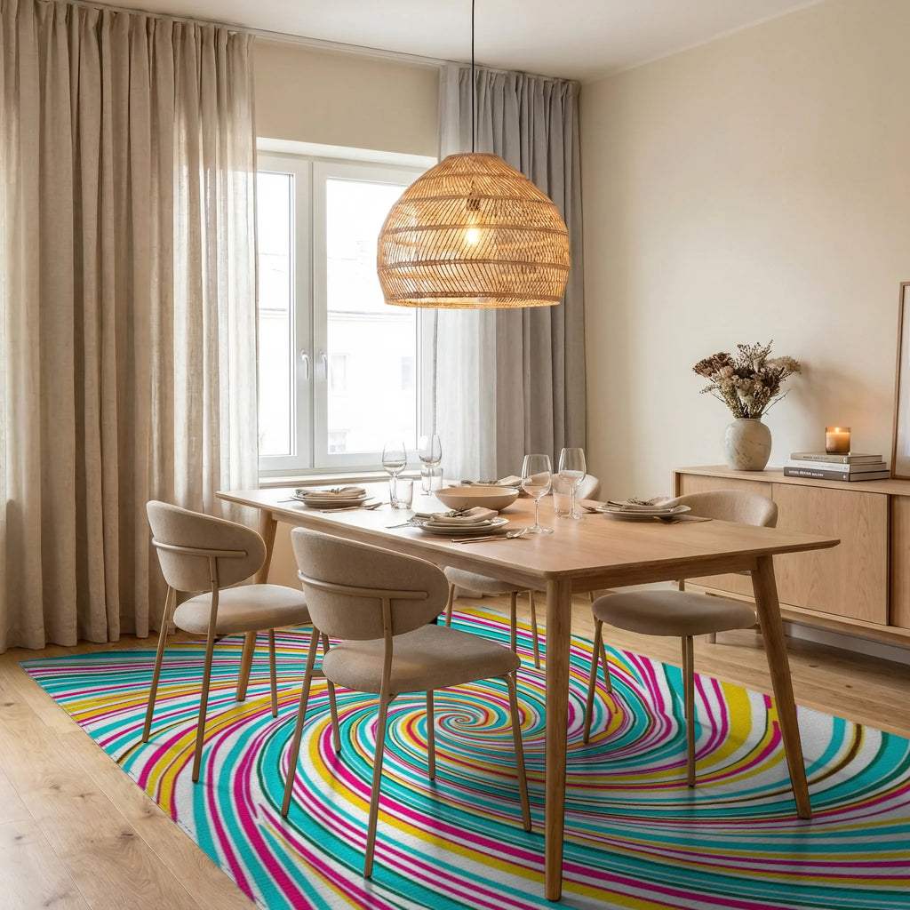 Vibrant Swirl Turquoise Pink Yellow Rug Dining Room View