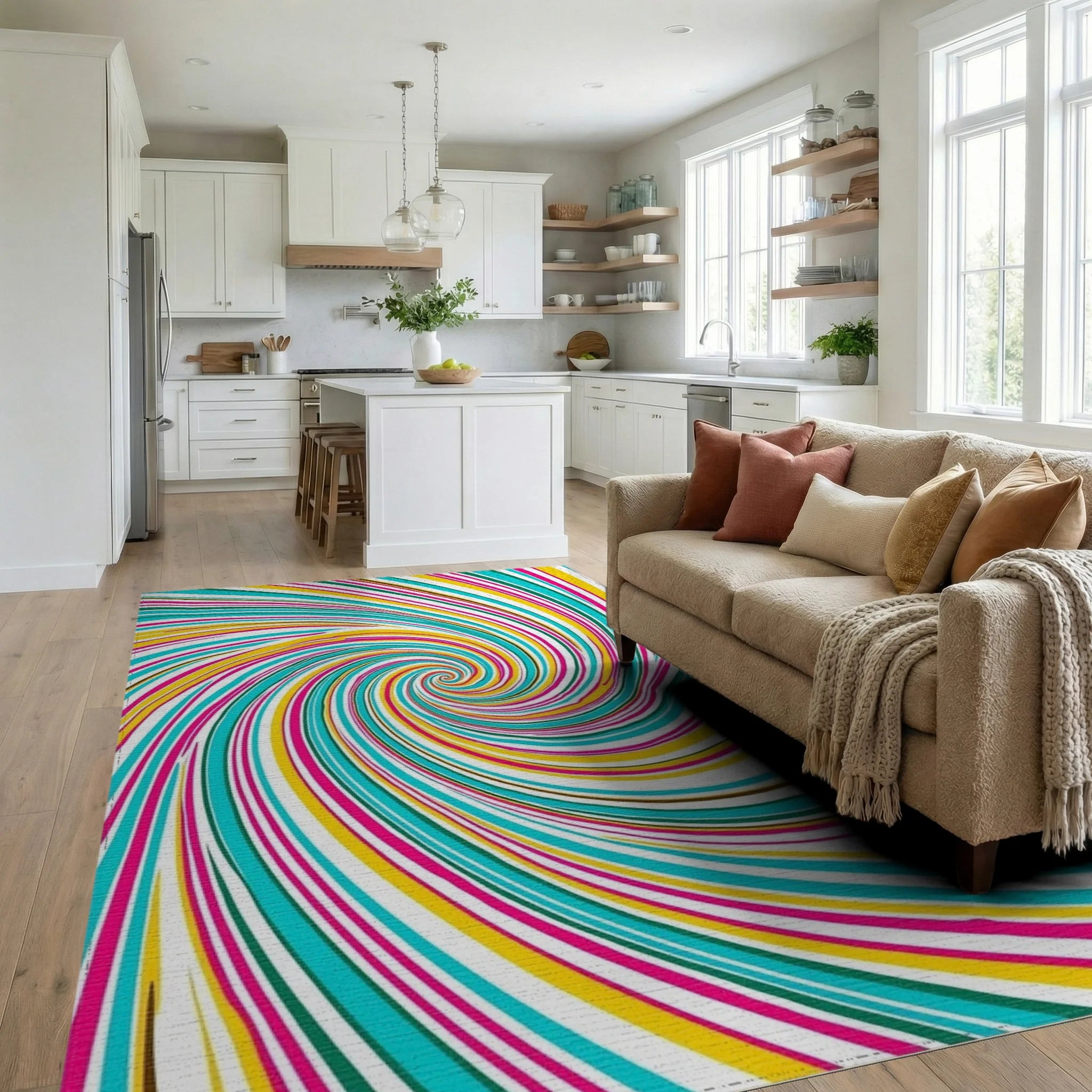 Vibrant Swirl Turquoise Pink Yellow Rug Living Room View
