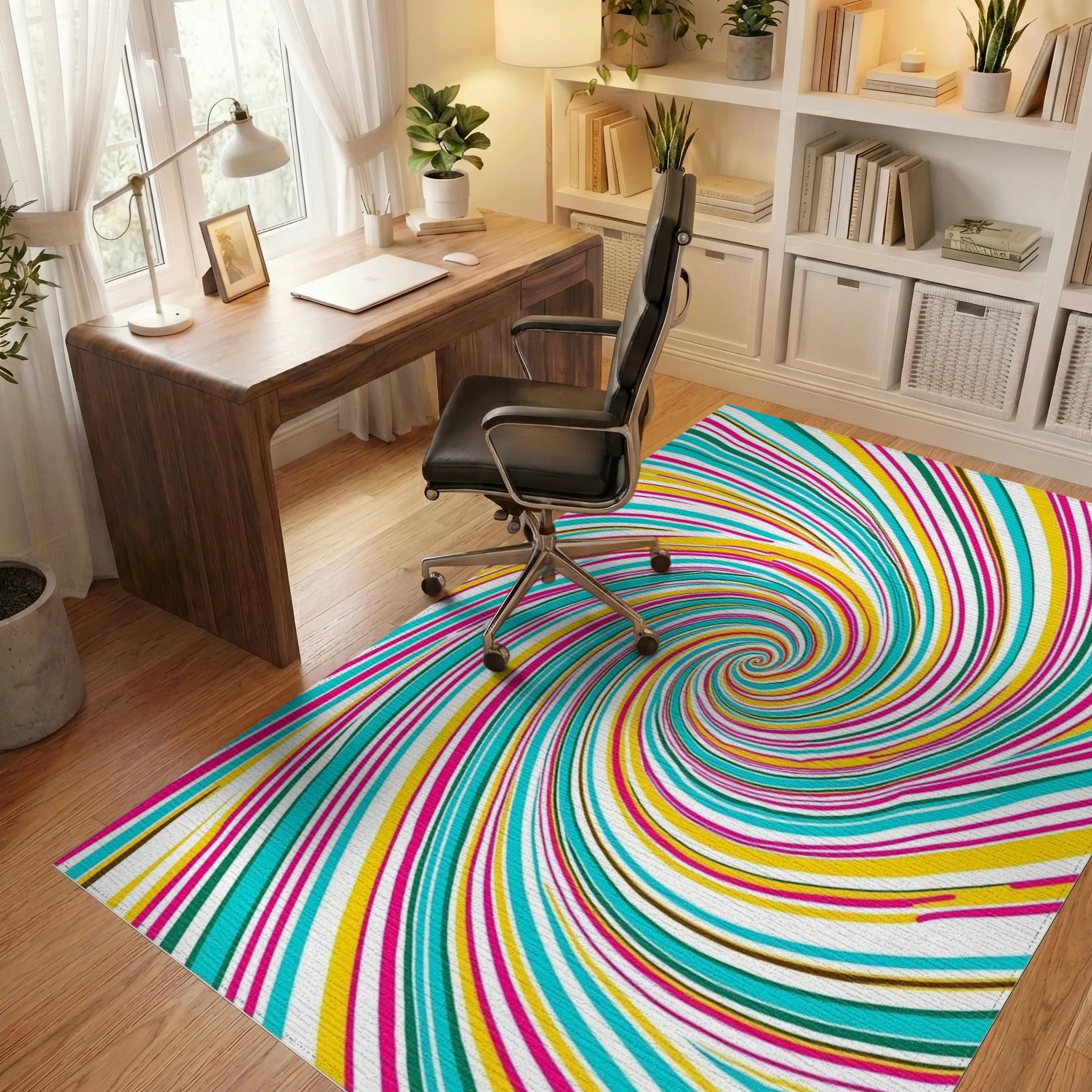 Vibrant Swirl Turquoise Pink Yellow Rug Office View