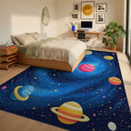 Vibrant Swirling Cosmic Planets Rug - Bedroom View