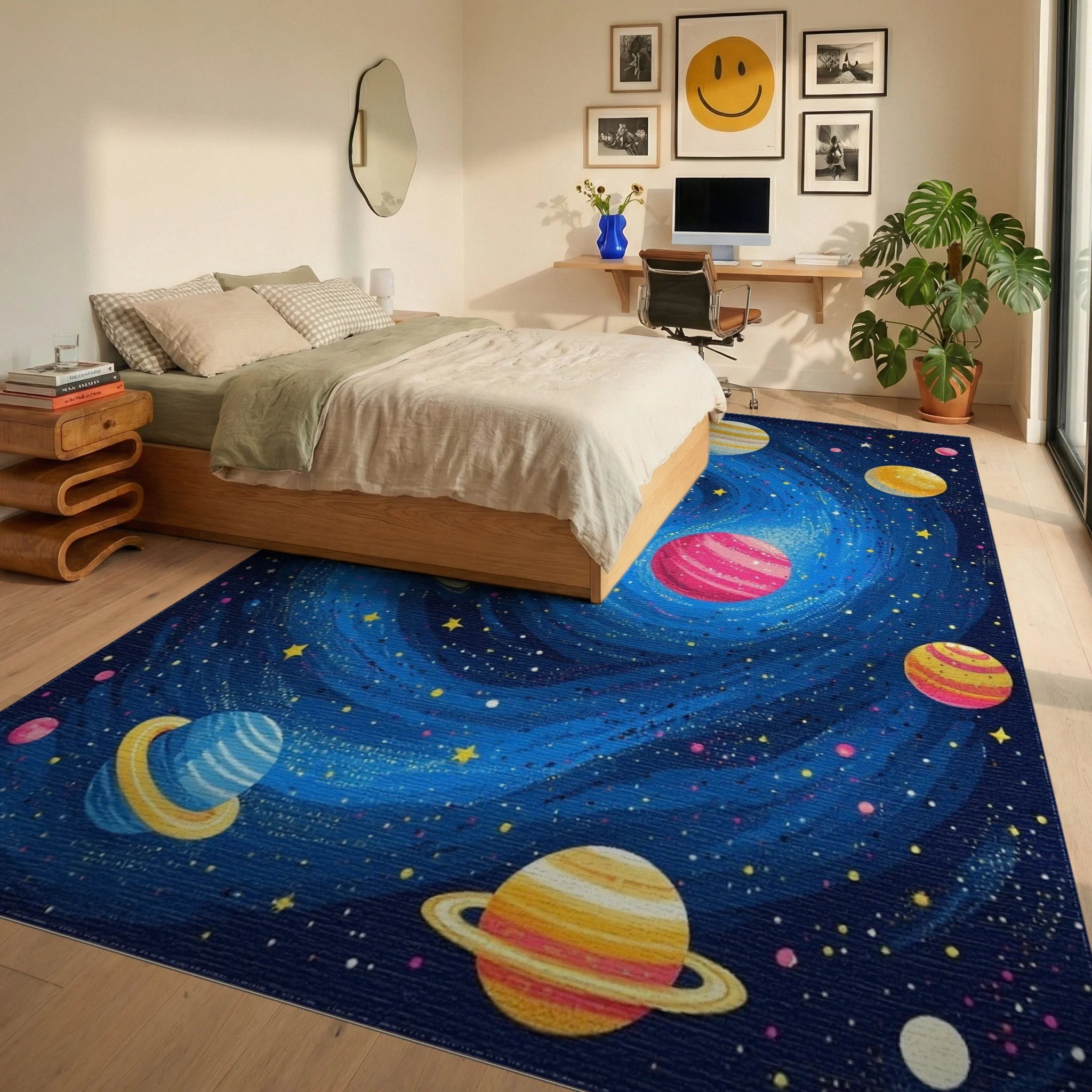 Vibrant Swirling Cosmic Planets Rug - Bedroom View