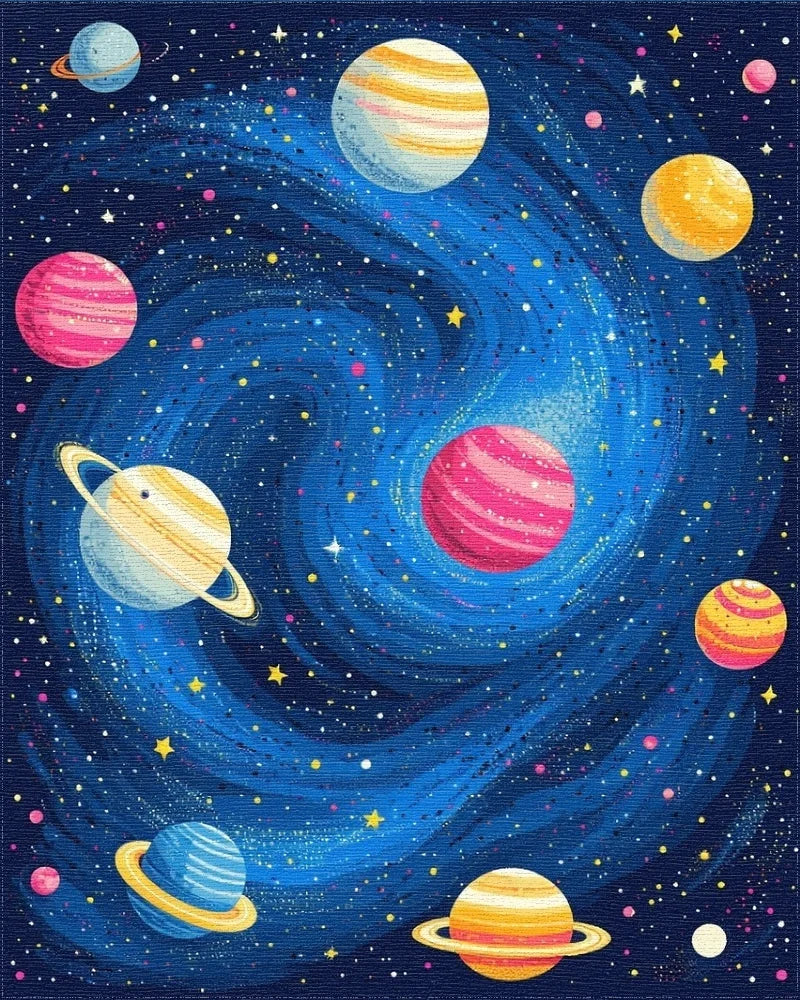 Vibrant Swirling Cosmic Planets Rug - Cutout View