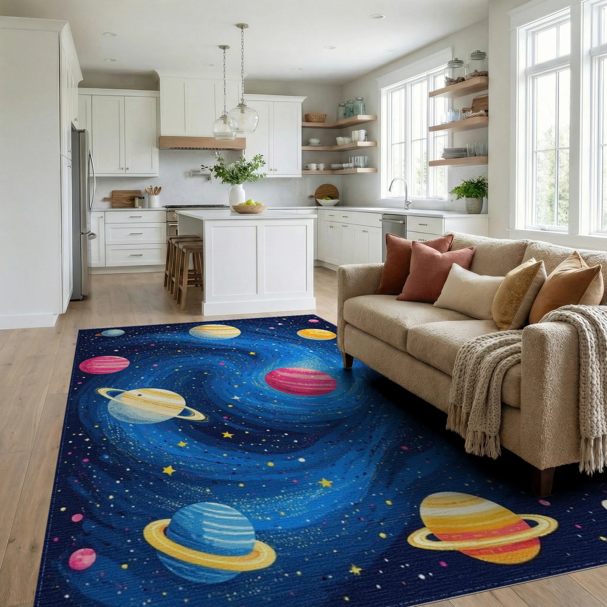 Vibrant Swirling Cosmic Planets Rug - Living Room View
