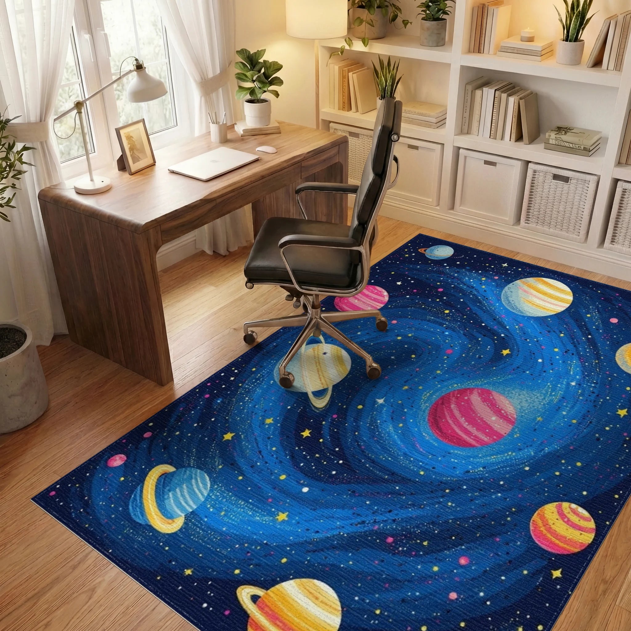 Vibrant Swirling Cosmic Planets Rug - Office View
