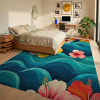 Vibrant Teal Hibiscus Waves Rug - Bedroom View
