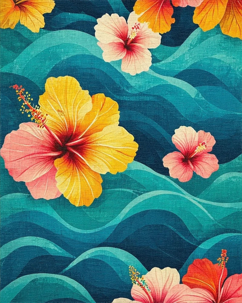 Vibrant Teal Hibiscus Waves Rug - Cutout View