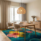 Vibrant Teal Hibiscus Waves Rug - Dining Room View