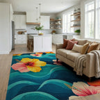 Vibrant Teal Hibiscus Waves Rug - Living Room View
