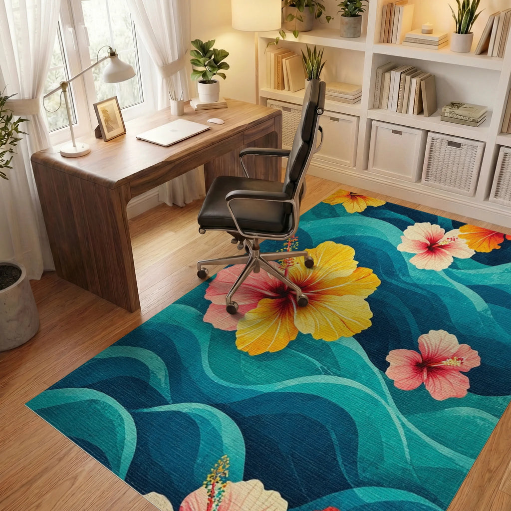 Vibrant Teal Hibiscus Waves Rug - Office View