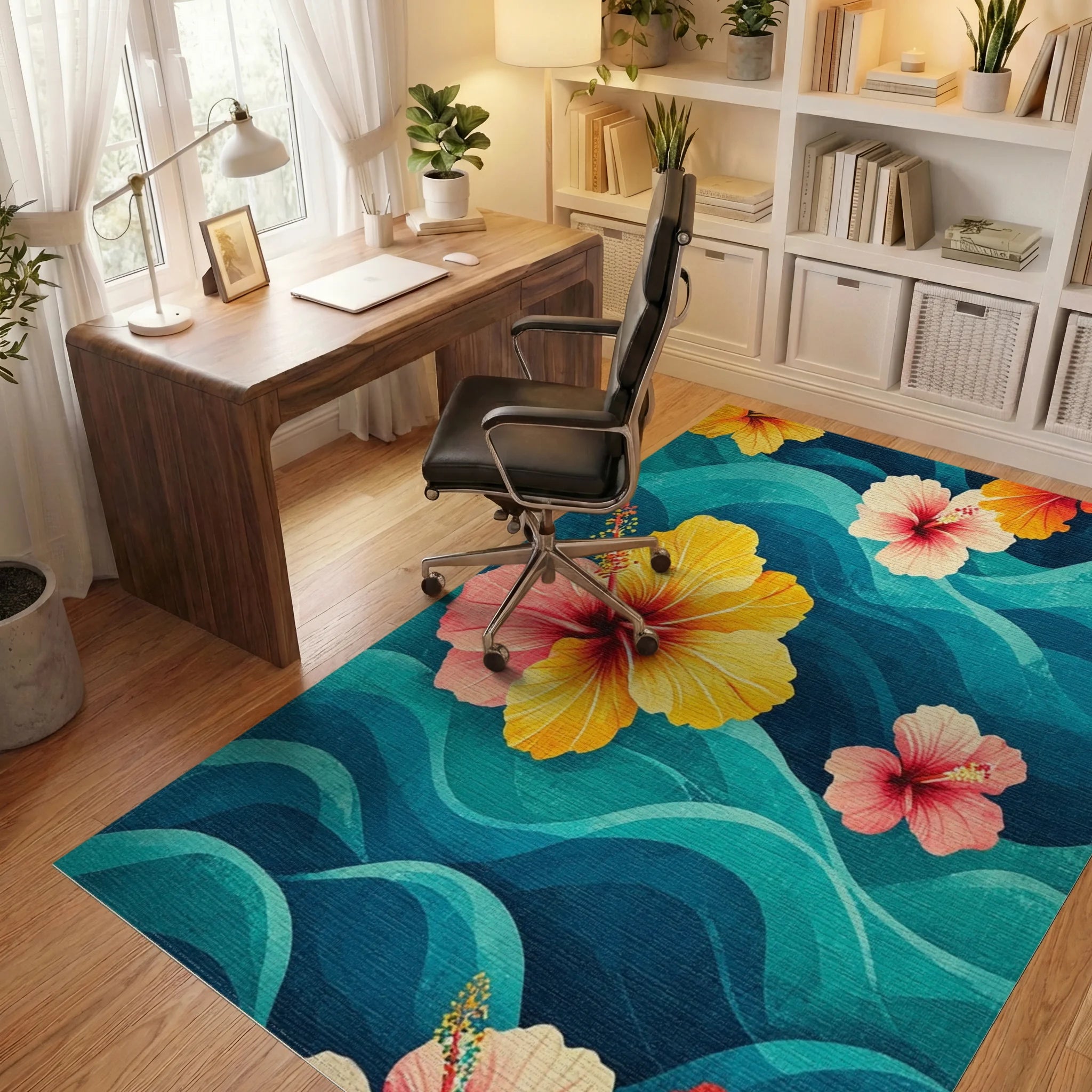 Vibrant Teal Hibiscus Waves Rug - Office View