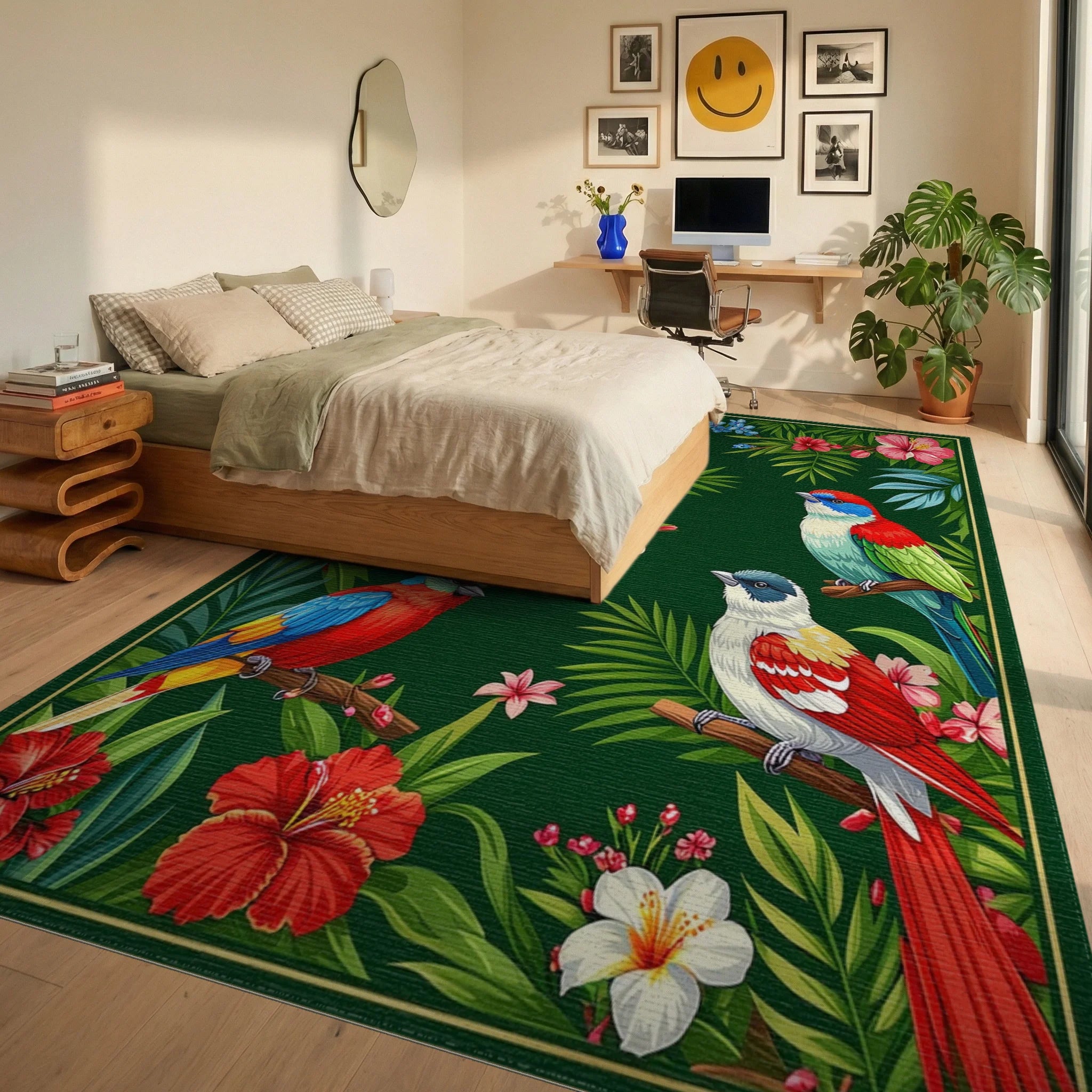 Vibrant Tropical Birds and Foliage Rug Bedroom View