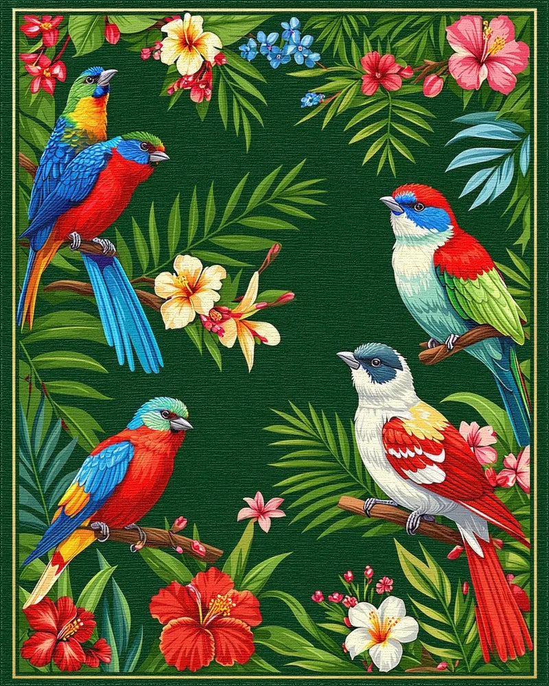 Vibrant Tropical Birds and Foliage Rug - Cutout View