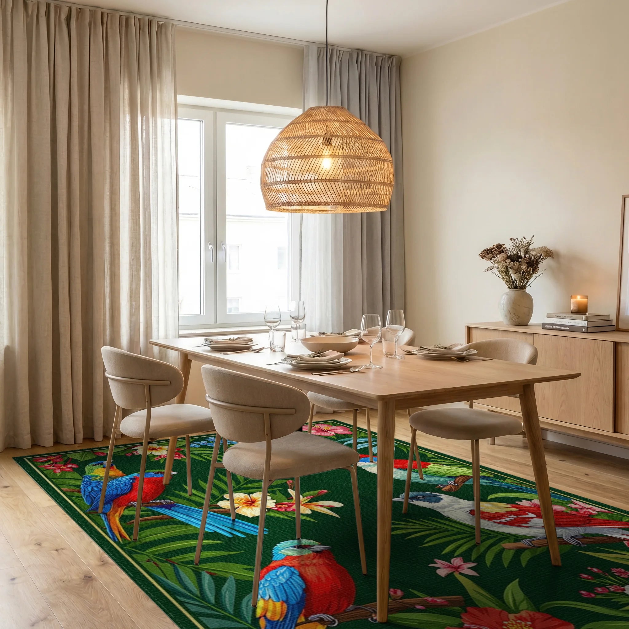 Vibrant Tropical Birds and Foliage Rug Dining Room View