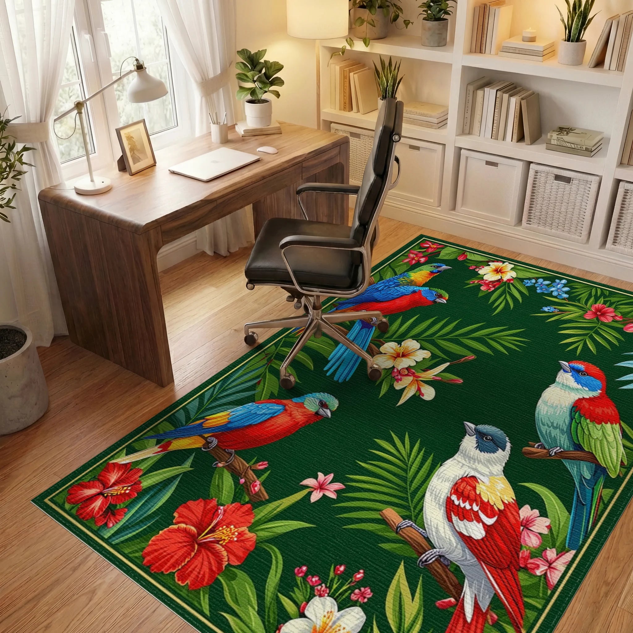 Vibrant Tropical Birds and Foliage Rug Office View