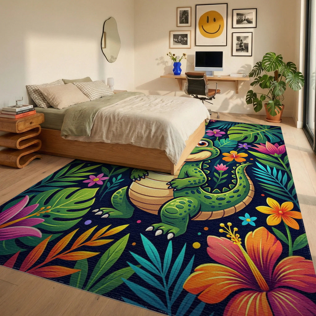 Vibrant Tropical Crocodile and Floral Jungle Rug Bedroom View