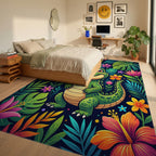Vibrant Tropical Crocodile and Floral Jungle Rug Bedroom View