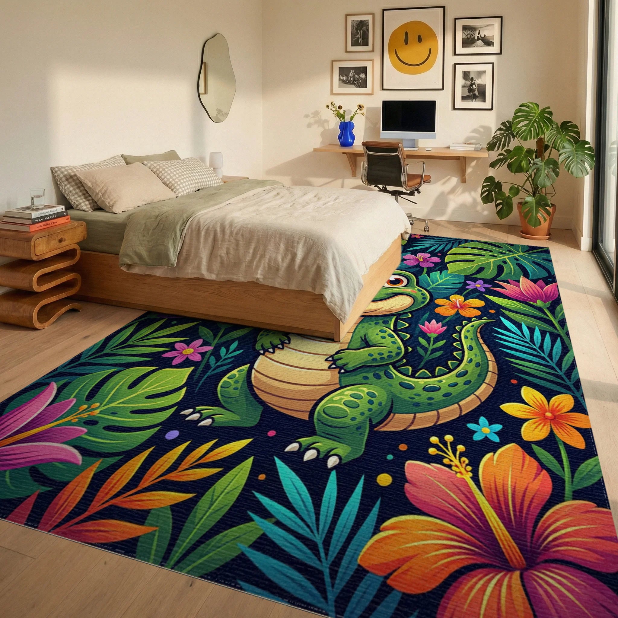 Vibrant Tropical Crocodile and Floral Jungle Rug Bedroom View