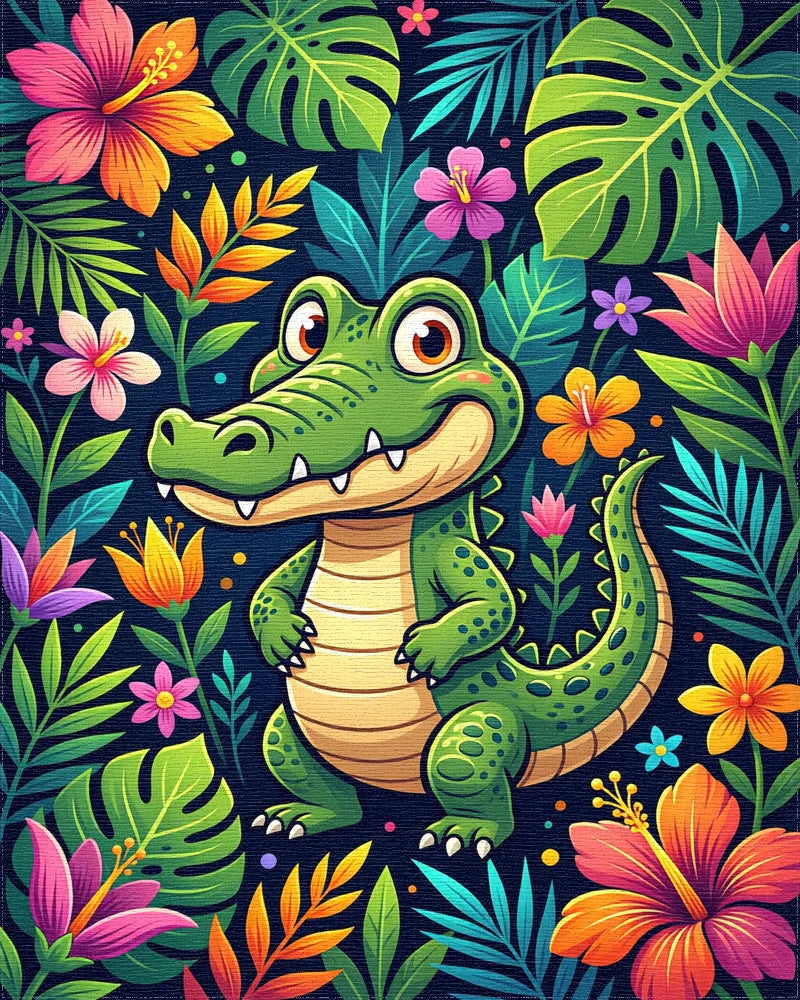Vibrant Tropical Crocodile and Floral Jungle Rug - Cutout View