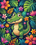 Vibrant Tropical Crocodile and Floral Jungle Rug - Cutout View