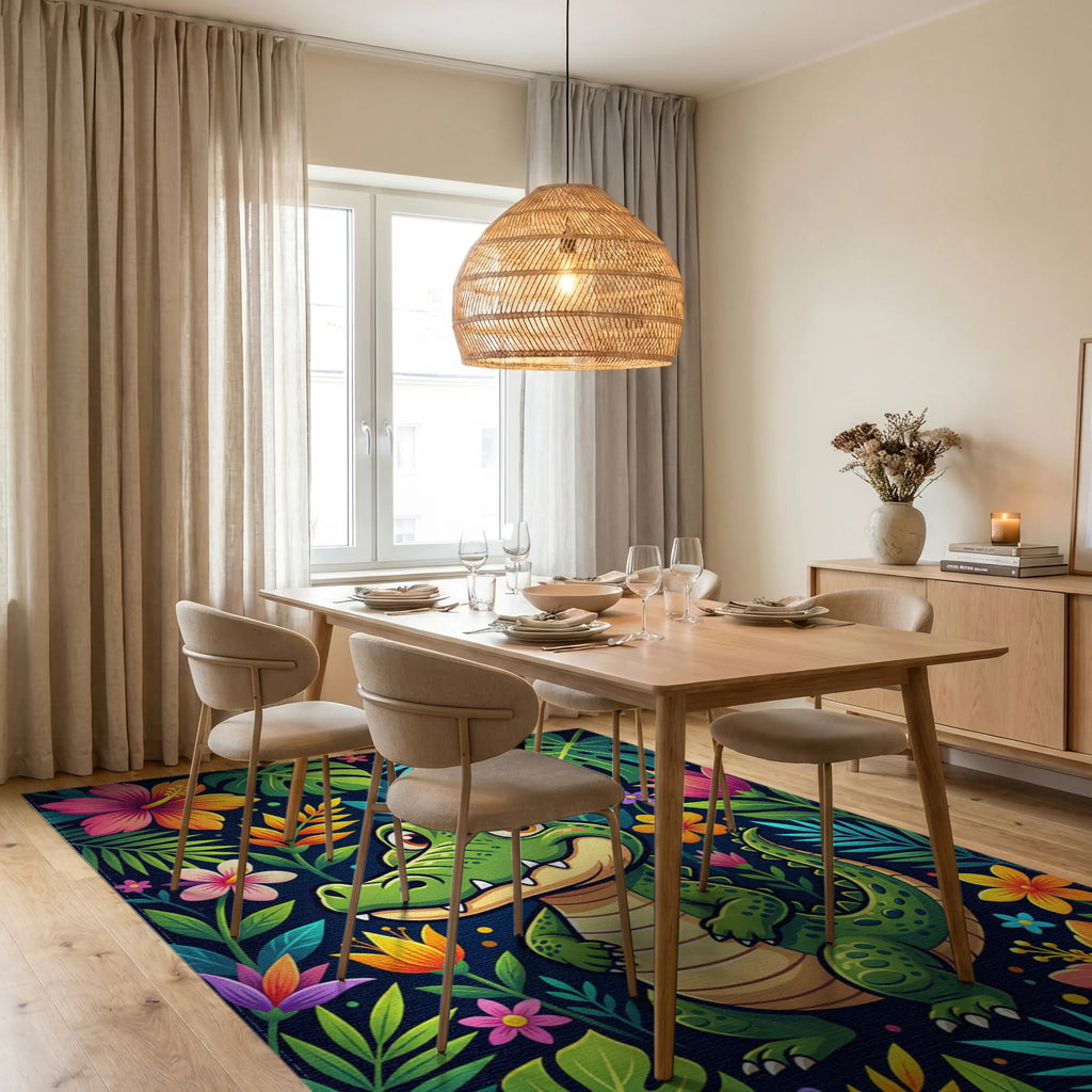 Vibrant Tropical Crocodile and Floral Jungle Rug Dining Room View