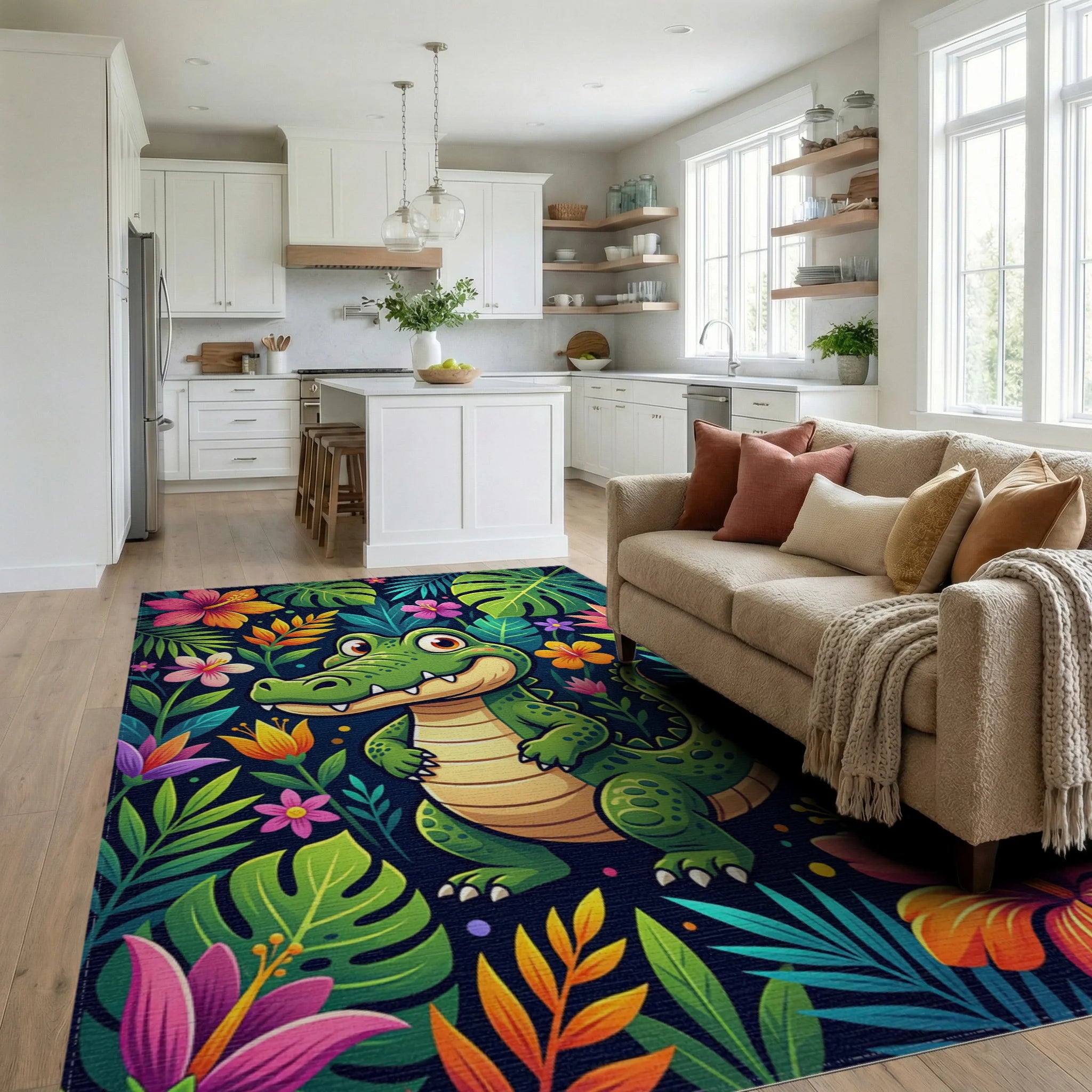 Vibrant Tropical Crocodile and Floral Jungle Rug Living Room View
