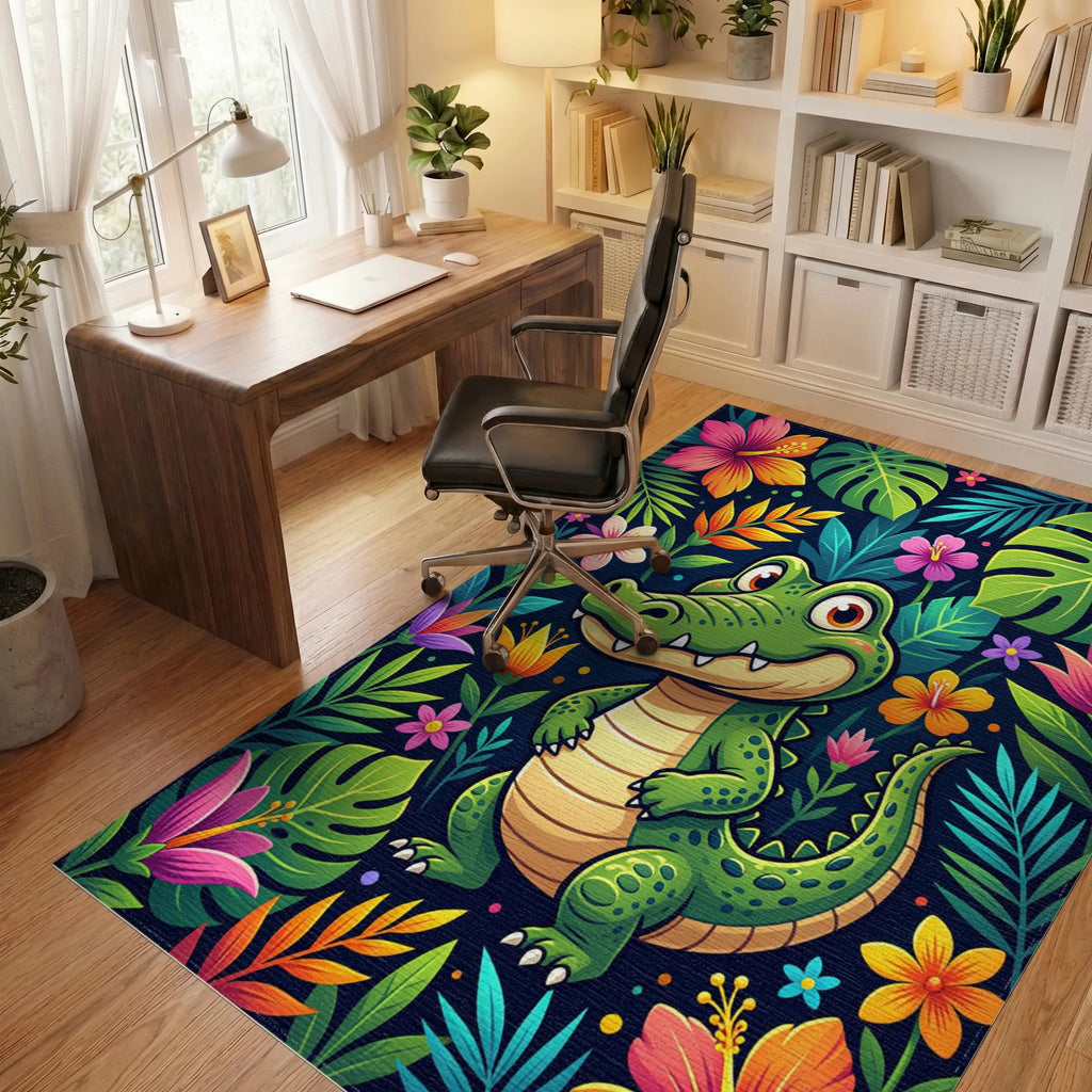 Vibrant Tropical Crocodile and Floral Jungle Rug Office View