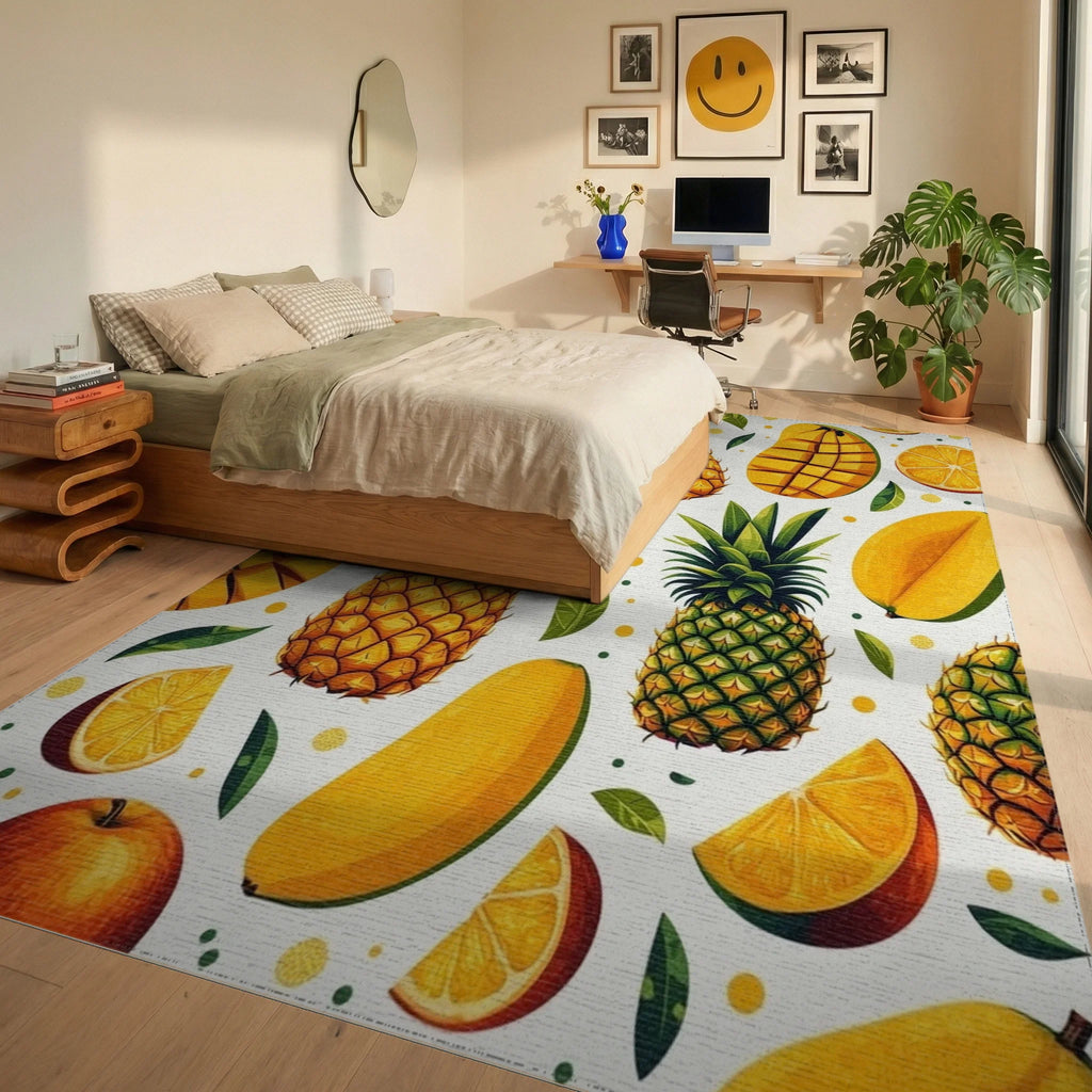 Vibrant Tropical Fruit Pineapple Mango Pattern Rug - Bedroom View