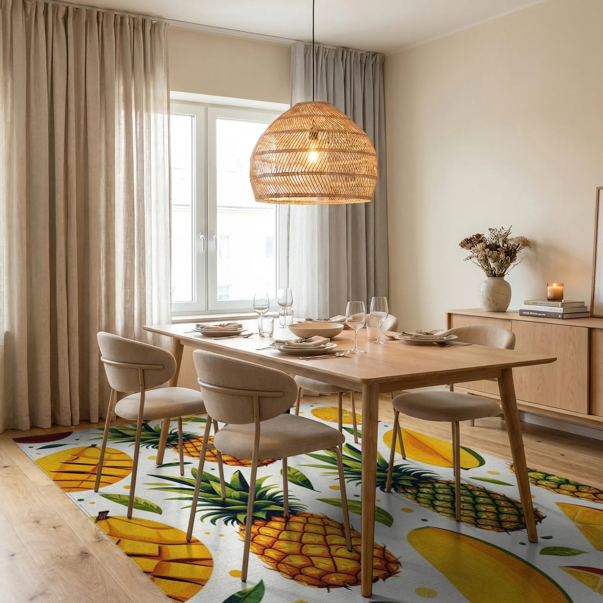 Vibrant Tropical Fruit Pineapple Mango Pattern Rug - Dining Room View