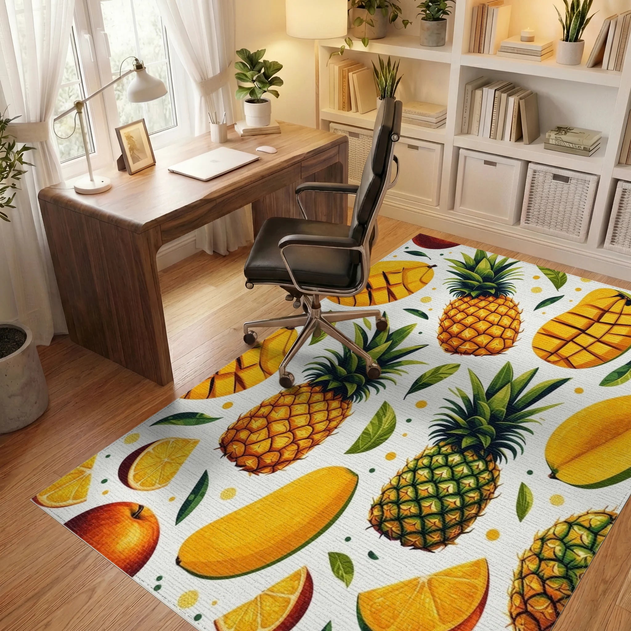 Vibrant Tropical Fruit Pineapple Mango Pattern Rug - Office View