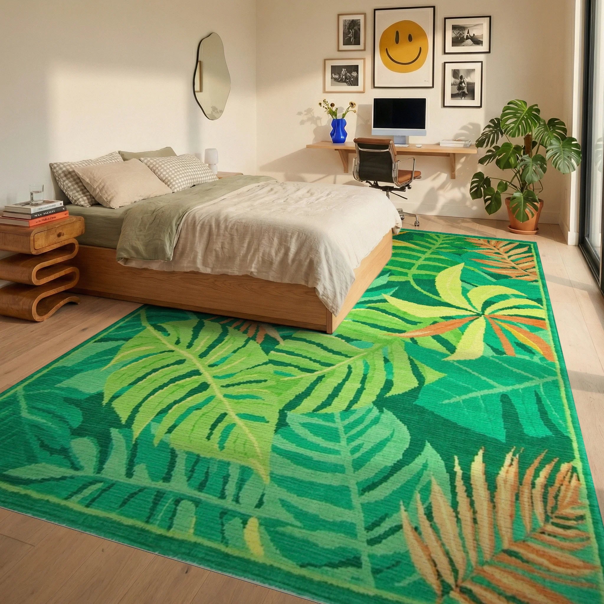 Vibrant Tropical Green Leaf Collage Rug - Bedroom View
