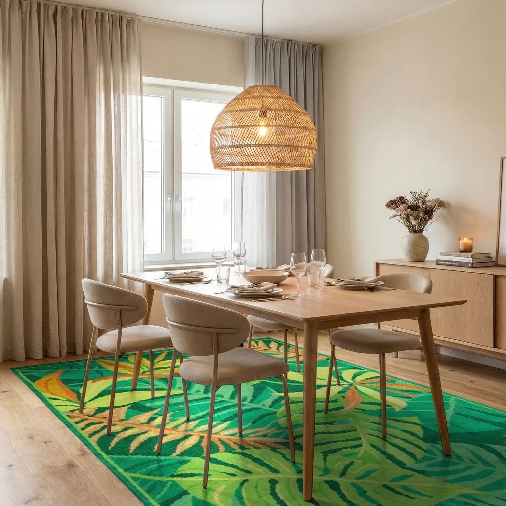 Vibrant Tropical Green Leaf Collage Rug - Dining Room View