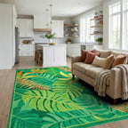 Vibrant Tropical Green Leaf Collage Rug - Living Room View