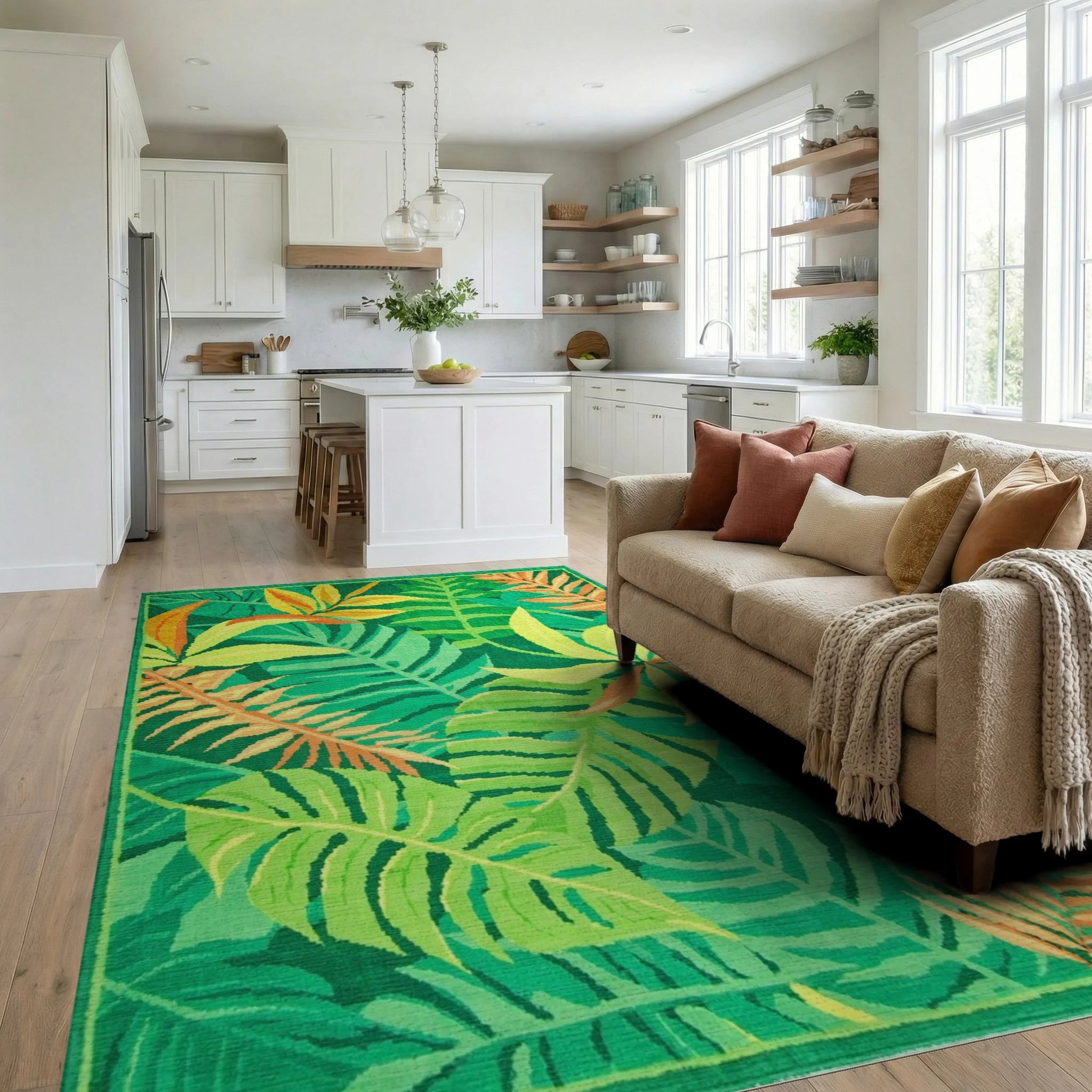 Vibrant Tropical Green Leaf Collage Rug - Living Room View