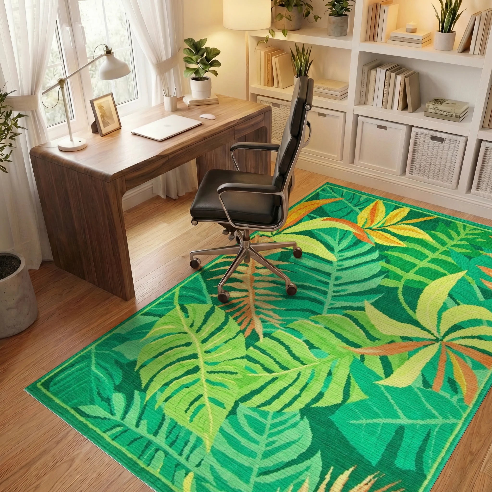 Vibrant Tropical Green Leaf Collage Rug - Office View