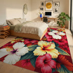 Vibrant Tropical Hibiscus Floral Pattern Rug Bedroom View