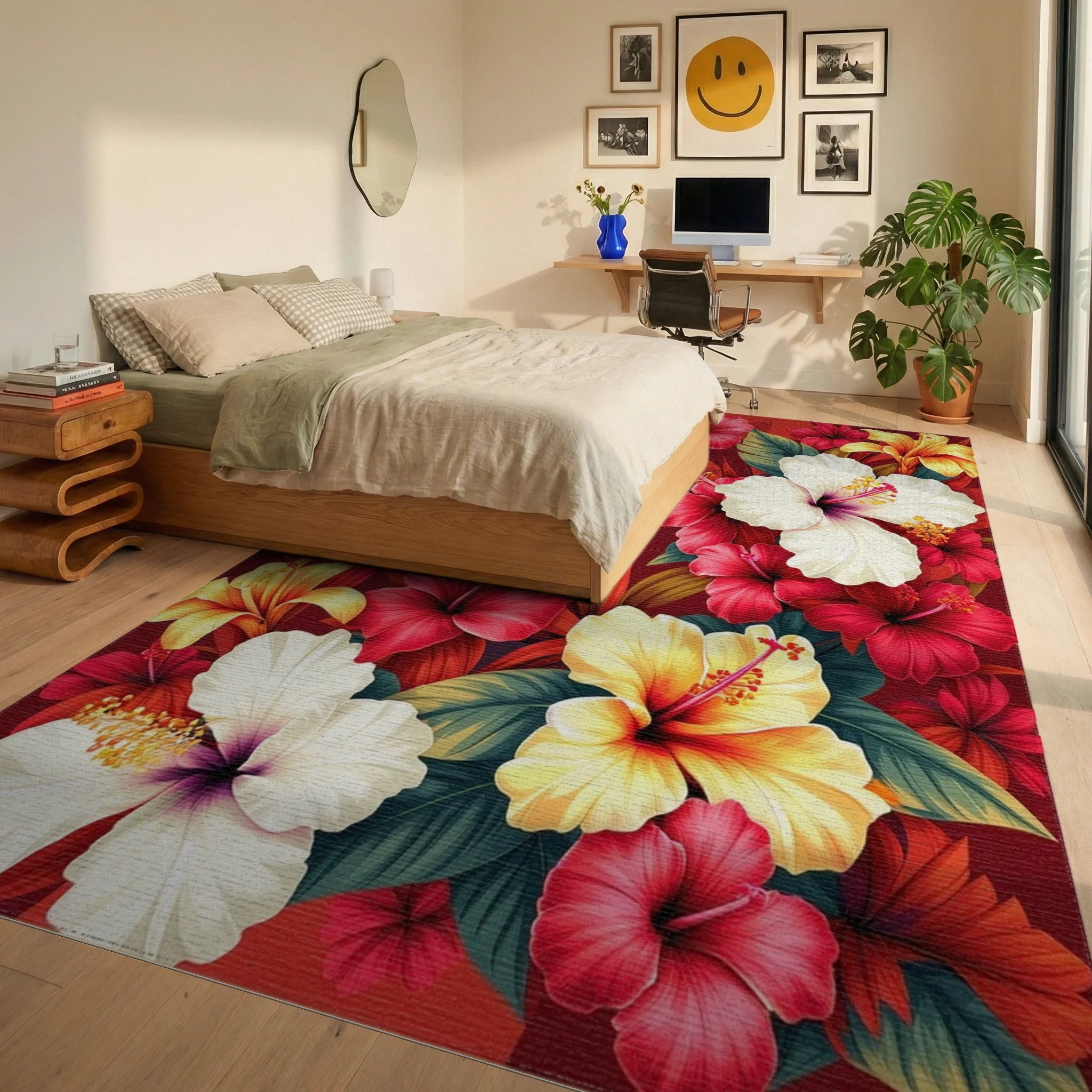 Vibrant Tropical Hibiscus Floral Pattern Rug Bedroom View