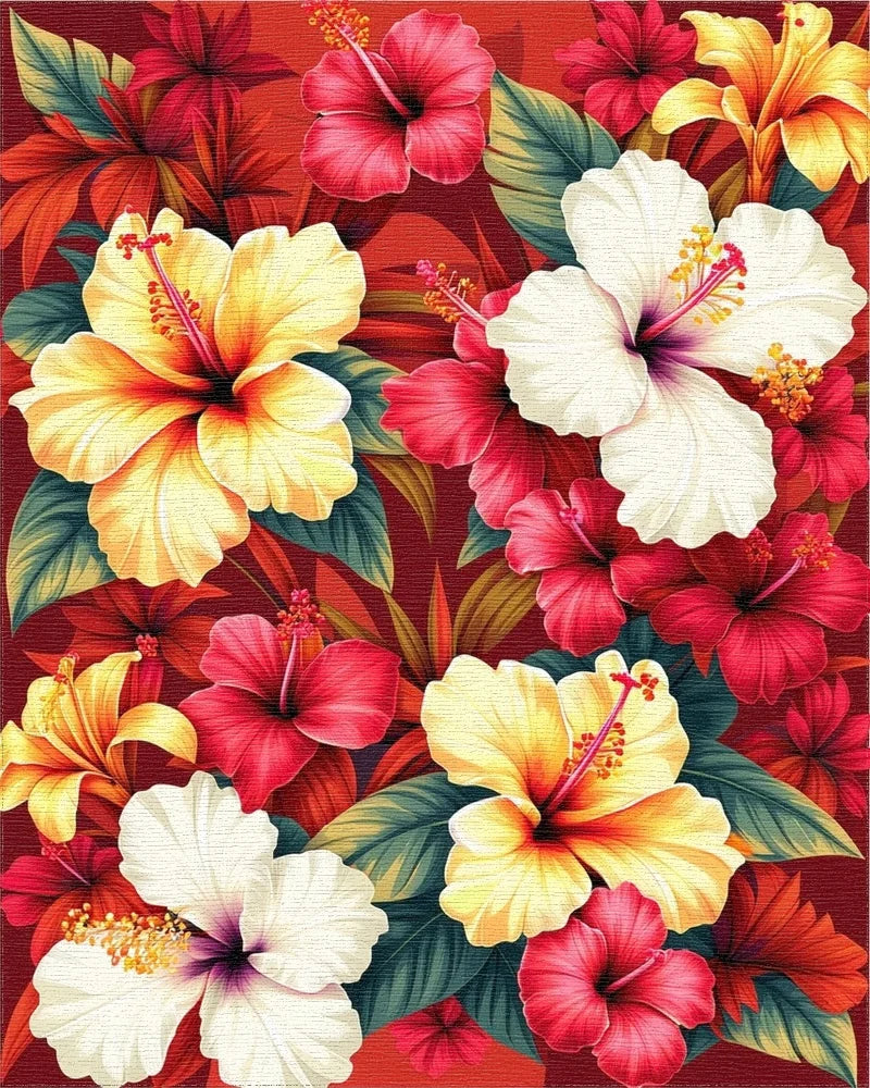 Vibrant Tropical Hibiscus Floral Pattern Rug - Cutout View