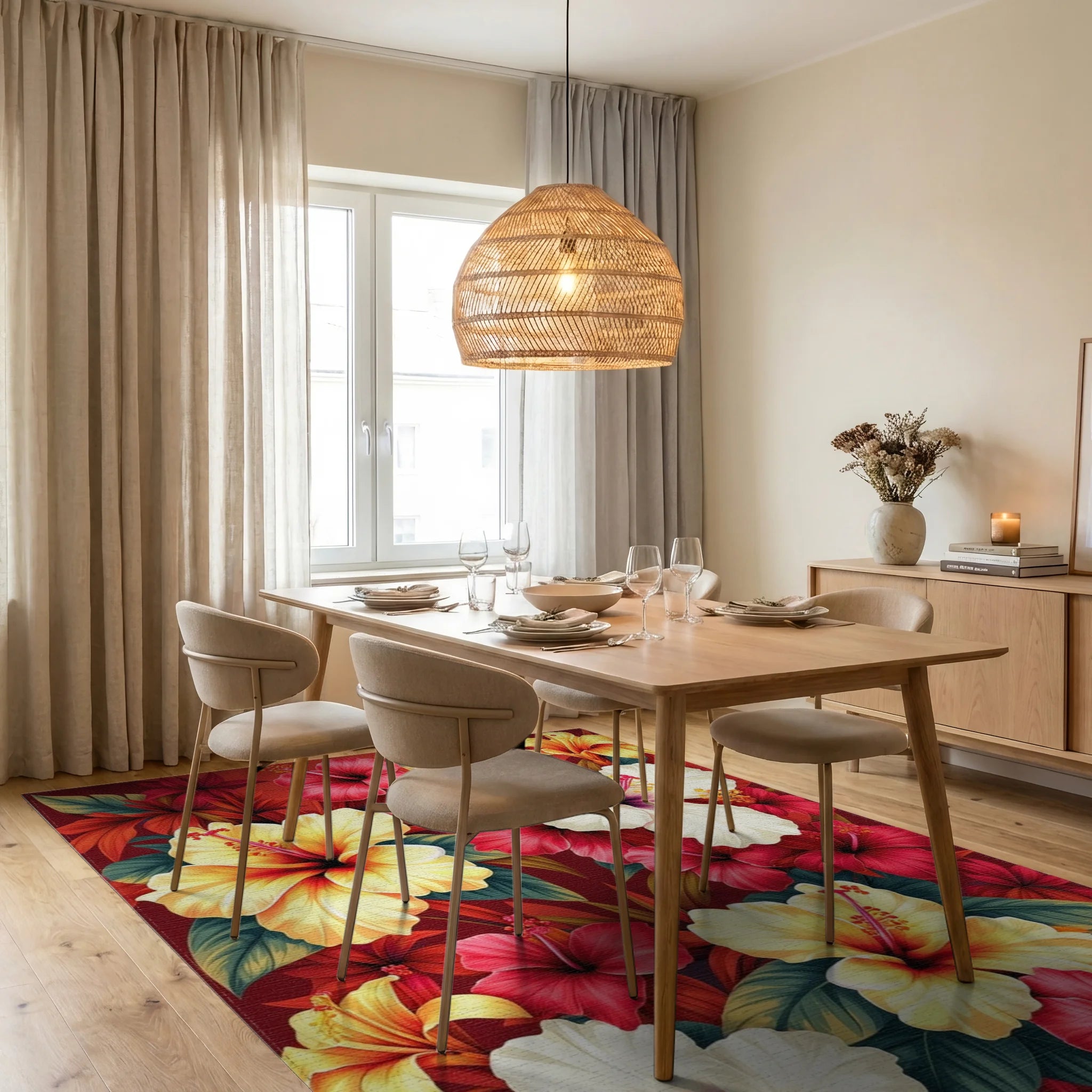 Vibrant Tropical Hibiscus Floral Pattern Rug Dining Room View