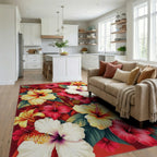 Vibrant Tropical Hibiscus Floral Pattern Rug Living Room View