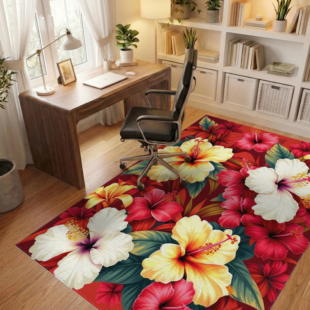 Vibrant Tropical Hibiscus Floral Pattern Rug Office View