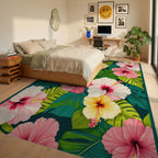 Vibrant Tropical Hibiscus Leaf Rug - Bedroom View